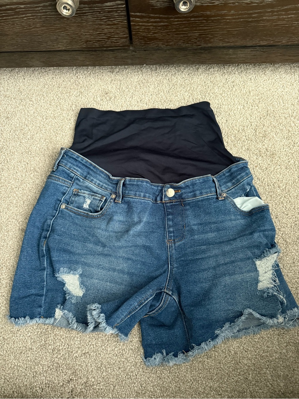 Time and Tru Dark Blue Distressed Denim Maternity Shorts with Black Waistband